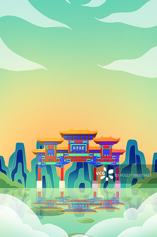 新中式国潮风城市系列插画内蒙古呼和浩特大召广场图片素材