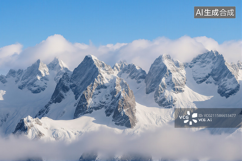 【AI数字艺术】雪山之巅，云雾缭绕图片素材