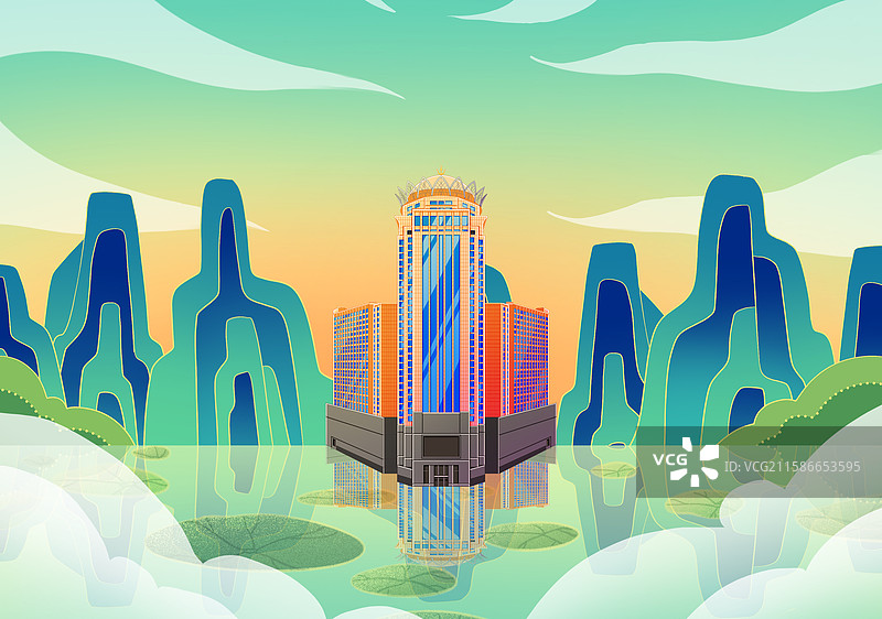 新中式国潮风城市系列插画内蒙古呼和浩特海亮广场图片素材