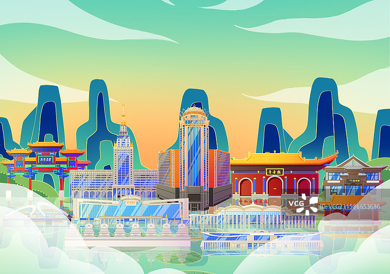 国潮风新中式绿色内蒙古呼和浩特旅游景点建筑图片素材