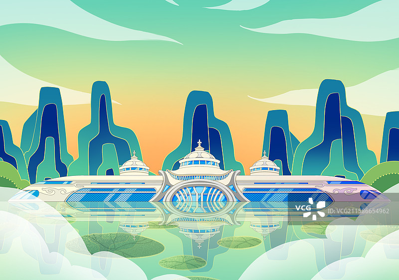 新中式国潮风城市系列插画内蒙古呼和浩特少数民族群众文化体育运动中心图片素材