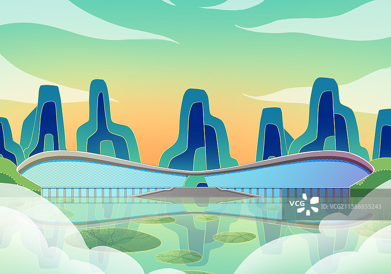 新中式国潮风城市系列插画内蒙古呼和浩特体育中心图片素材