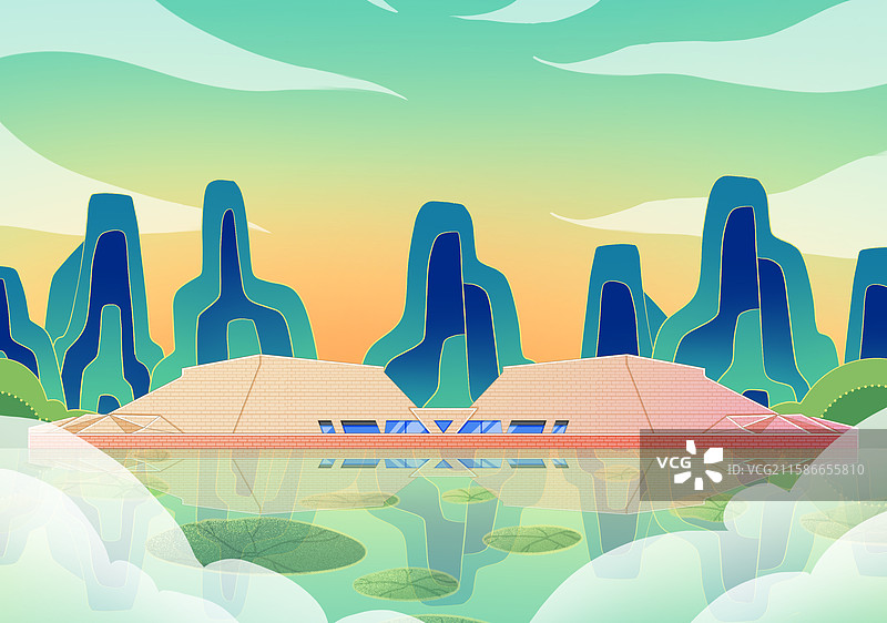 新中式国潮风城市系列插画内蒙古呼和浩特昭君博物馆图片素材