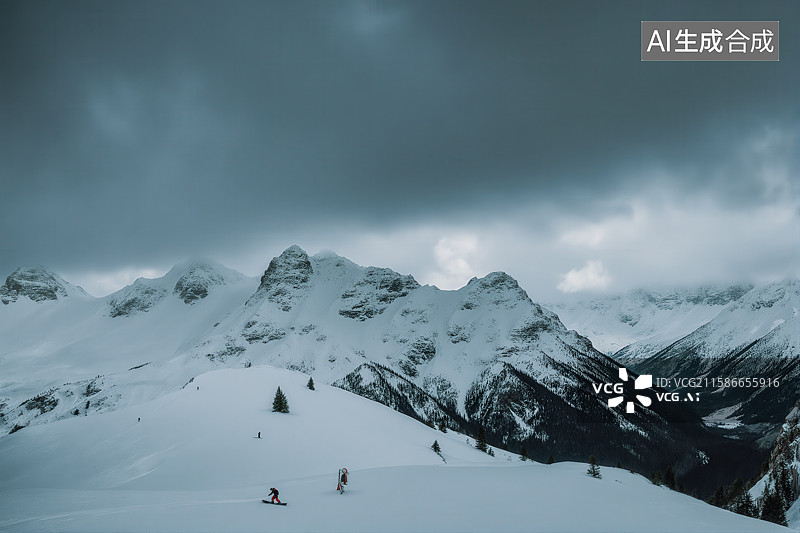 【AI数字艺术】雪山之巅，滑雪者悠然滑行图片素材