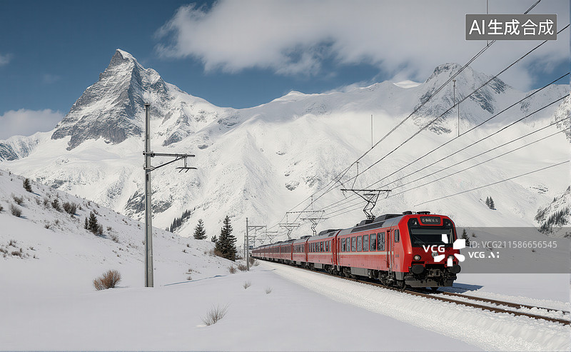 【AI数字艺术】雪山脚下行驶的红色列车图片素材