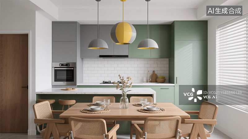 【AI数字艺术】清新厨房的用餐时光图片素材
