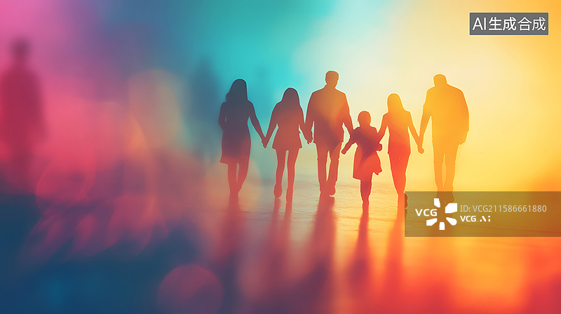 【AI数字艺术】彩色光线下同行的人群剪影图片素材
