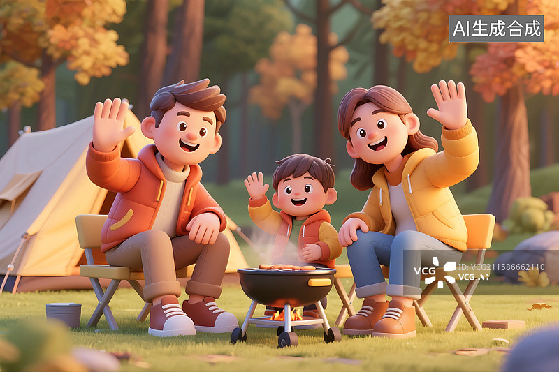 【AI数字艺术】3D三维立体C4D秋天冬天一家三口青年伴侣孩子儿童户外秋天森林露营烧烤旅行图片素材