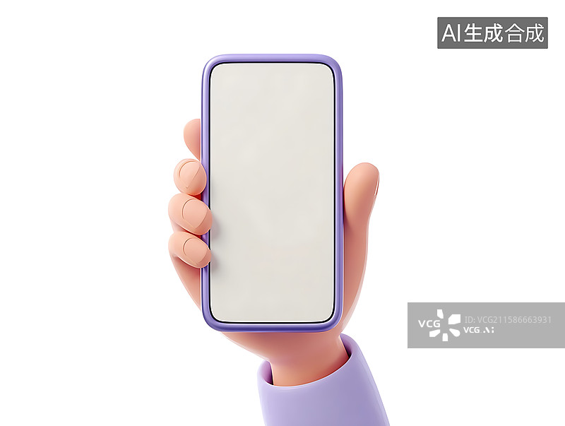 【AI数字艺术】3D 卡通风格手持紫色手机，空白屏幕可用于创意展示与数字界面推广演示图片素材