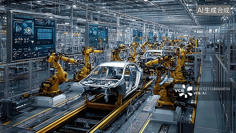 【AI数字艺术】智能工厂汽车生产线场景，机械臂自动化作业，展现工业 4.0 智能制造科技力量图片素材
