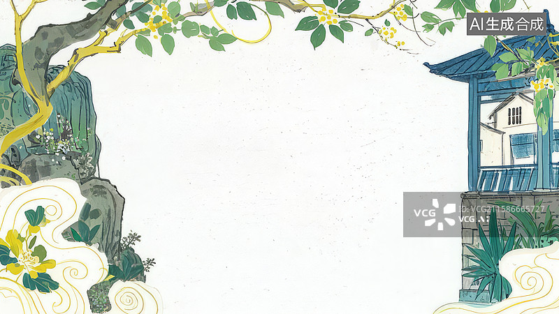 【AI数字艺术】水墨画最大-水墨画背景壁纸2古典园林与藤蔓花枝图片素材