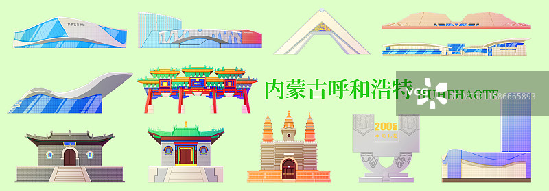国潮风新中式绿色内蒙古呼和浩特旅游景点建筑图片素材