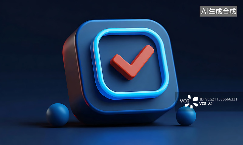 【AI数字艺术】3D 立体风格的蓝色确认图标，红色对勾彰显任务完成与操作通过的状态图片素材