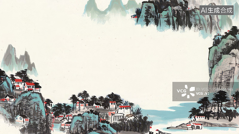 【AI数字艺术】水墨画最大-水墨画背景壁纸2山水环绕的古村落图片素材