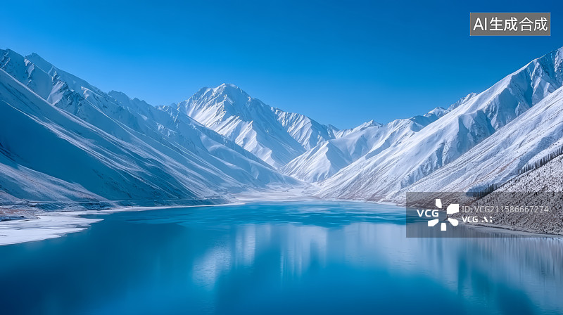 【AI数字艺术】雪山下清澈湛蓝的湖泊图片素材