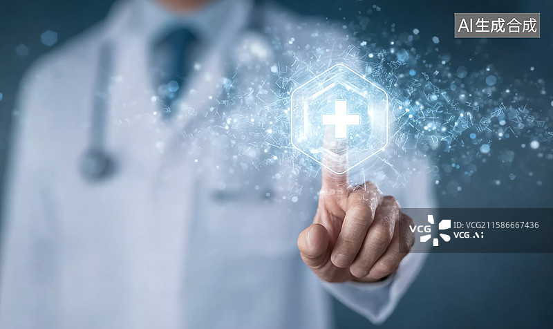 【AI数字艺术】医生手指点击带光效粒子的医疗加号按钮，展现未来数字智能医疗的创新交互场景图片素材