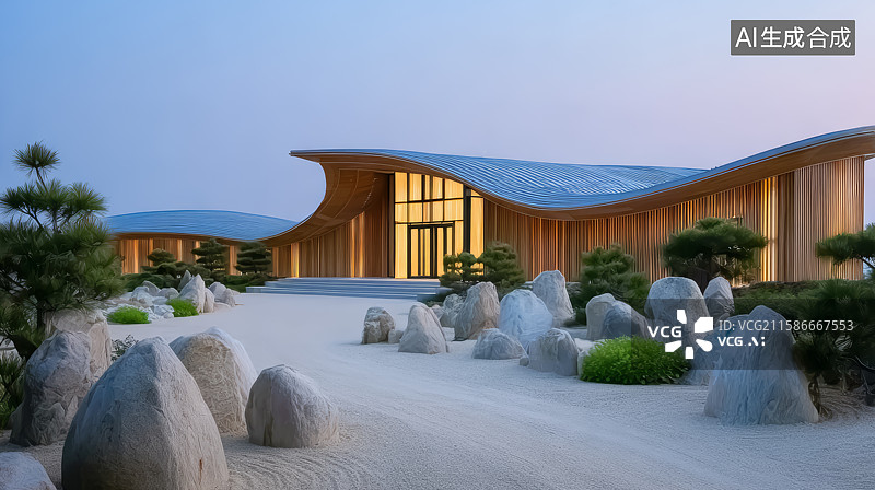 【AI数字艺术】现代弧形建筑与石园景观图片素材