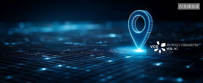 【AI数字艺术】蓝色科技感定位图标，以数据网络线条与光点，展现智能导航、地理信息定位的未来场景图片素材