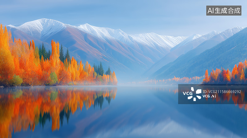 【AI数字艺术】秋色斑斓的山水静景图片素材
