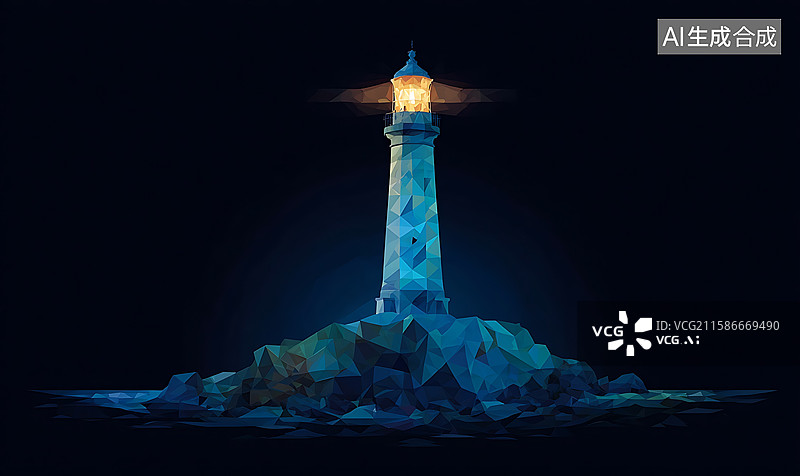 【AI数字艺术】低多边形风格蓝色灯塔插画，于夜晚海洋场景中发光，展现几何艺术与导航守护的创意设计图片素材