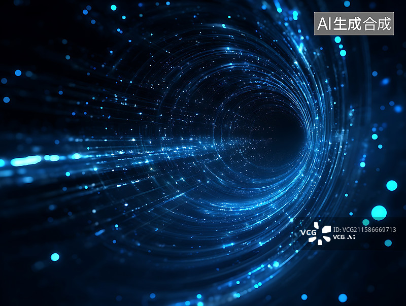 【AI数字艺术】炫酷蓝色光效科技隧道，以精密旋转线条与科幻光影，呈现未来数码设备的视觉冲击场景图片素材