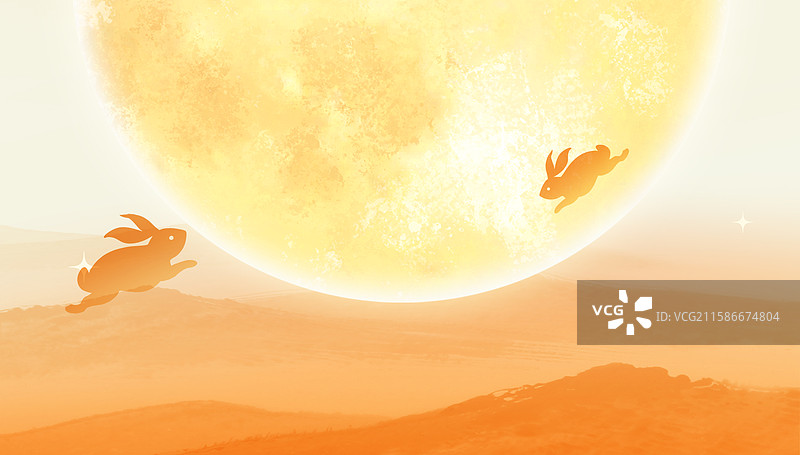 月亮月饼玉兔桂花橙黄色渐变弥散风简洁意境高级插画图片素材