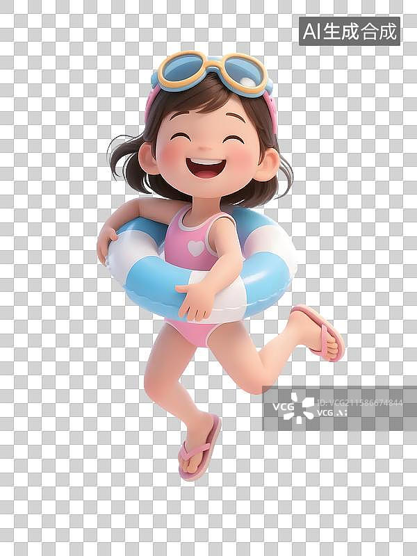 【AI数字艺术】海边游泳放松拿着游泳圈的女孩图片素材