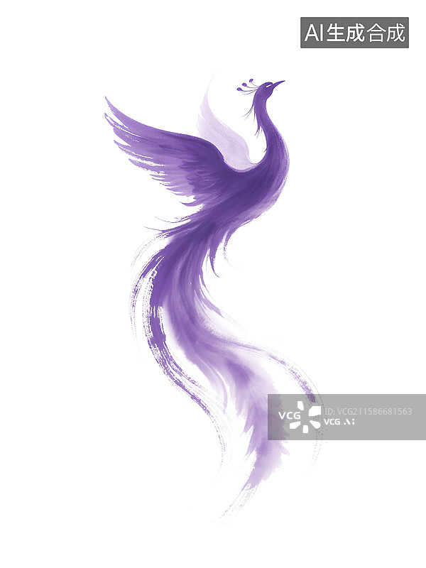 【AI数字艺术】紫色凤凰展翅飞翔，羽毛飘逸色彩渐变，充满神秘与优雅图片素材