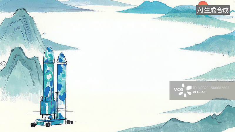 【AI数字艺术】水墨画最大-水墨画背景壁纸2火箭模型置于山水画背景中图片素材