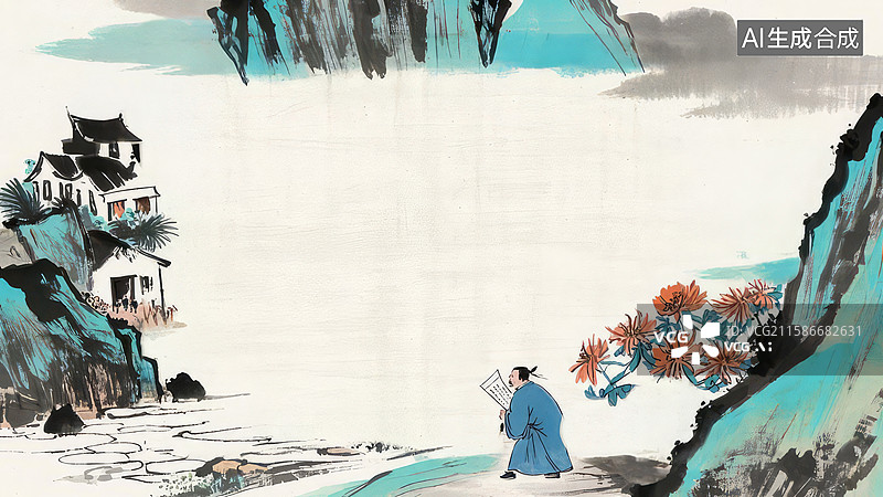 【AI数字艺术】水墨画最大-水墨画背景壁纸2山水间行者赏菊图图片素材