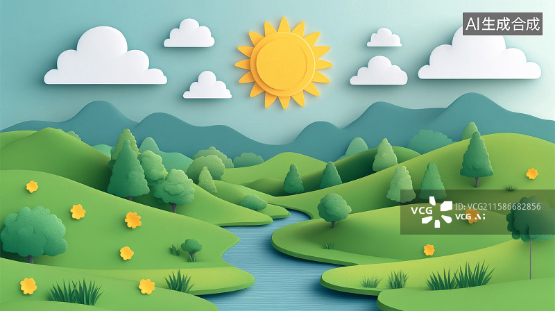 【AI数字艺术】卡通风格自然风光河流景观插画图片素材