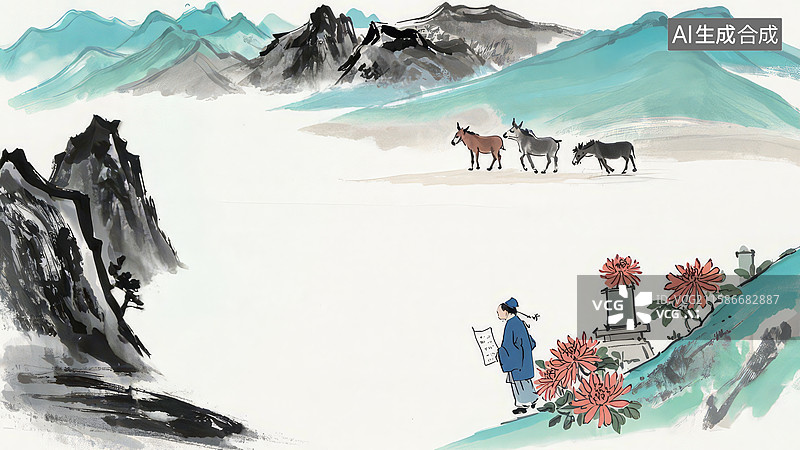 【AI数字艺术】水墨画最大-水墨画背景壁纸2山间行者与三驴图片素材