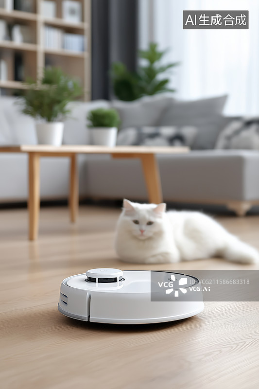 【AI数字艺术】智能扫地机器人在客厅工作，白猫悠闲躺卧图片素材