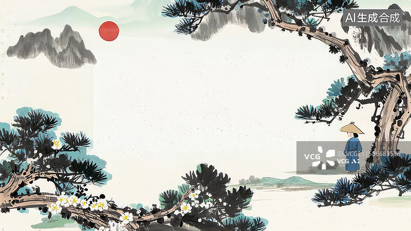 【AI数字艺术】水墨画最大-水墨画背景壁纸2松树下行人，远山红日映衬图片素材