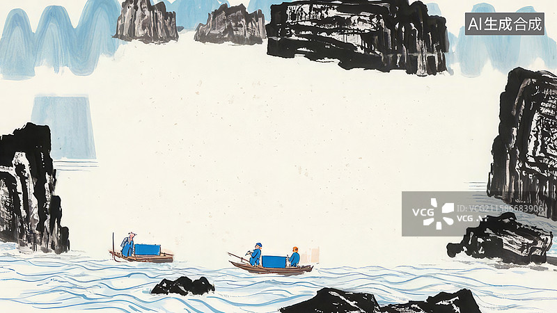 【AI数字艺术】水墨画最大-水墨画背景壁纸2江上行舟，山石环绕图片素材