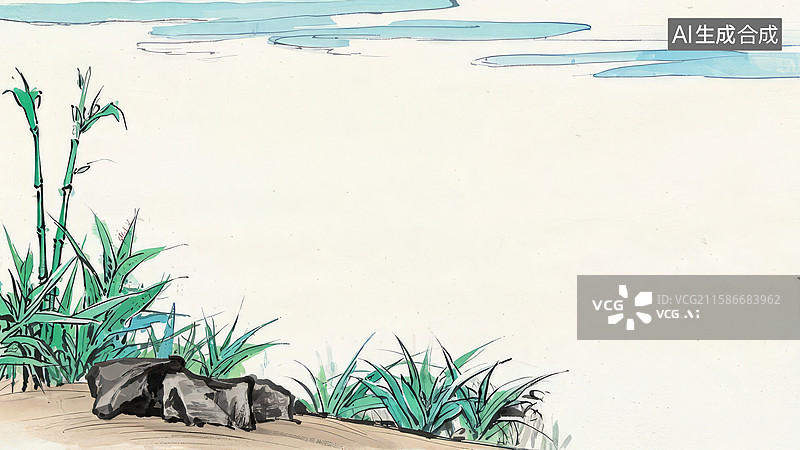 【AI数字艺术】水墨画最大-水墨画背景壁纸2河边草丛中的两只小猪图片素材