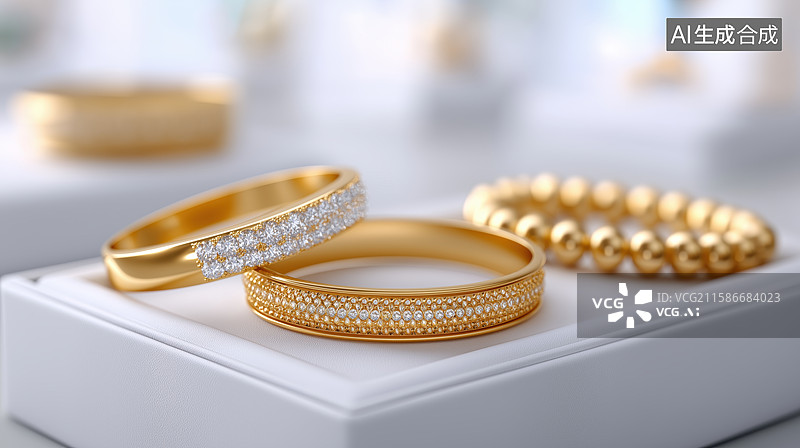 【AI数字艺术】金色戒指与手链的精致展示图片素材