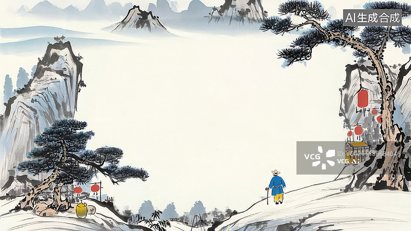 【AI数字艺术】水墨画最大-水墨画背景壁纸2雪景松树与行人图片素材