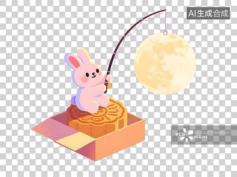 【AI数字艺术】中秋节兔子坐在月饼盒上月饼月亮扁平肌理插画免抠元素图片素材