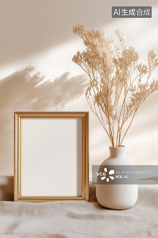 【AI数字艺术】金色相框与干花的静谧布置图片素材