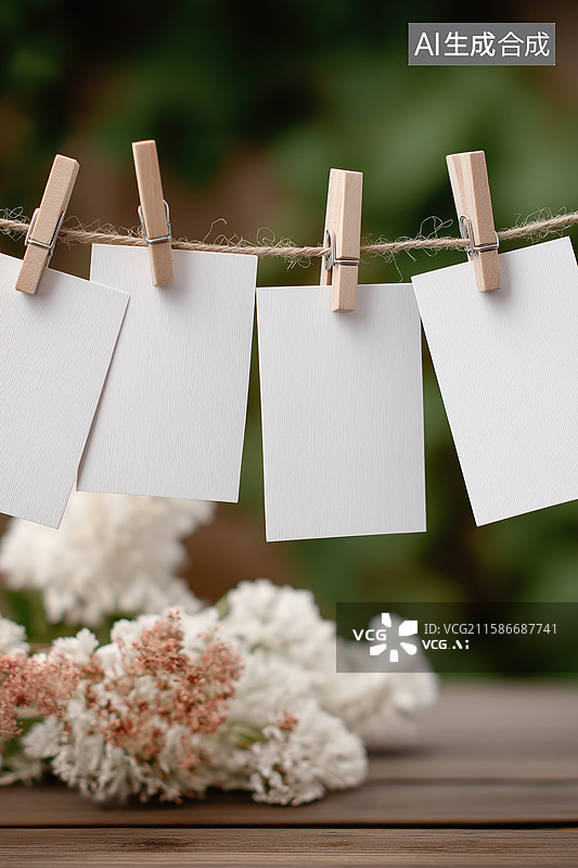 【AI数字艺术】空白照片纸与木夹悬挂于绳上图片素材