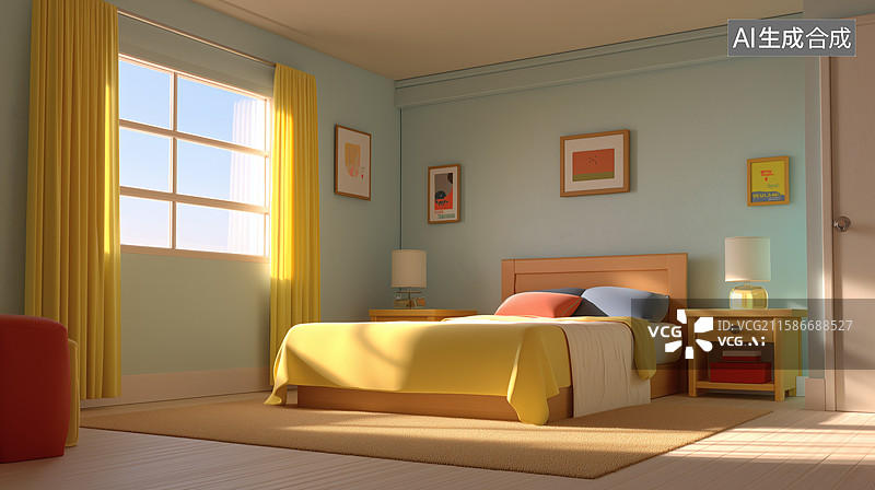 【AI数字艺术】温馨的卡通卧室，阳光洒进窗户图片素材