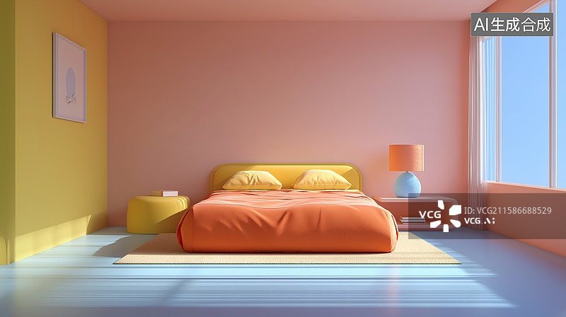 【AI数字艺术】温馨的卡通卧室，阳光洒进窗户图片素材