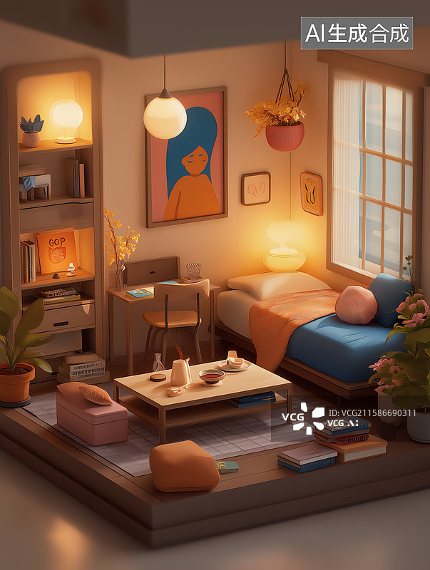 【AI数字艺术】温馨的日式小屋内景图片素材