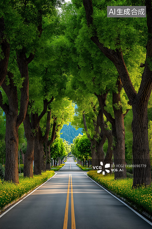 【AI数字艺术】绿树成荫的公路图片素材