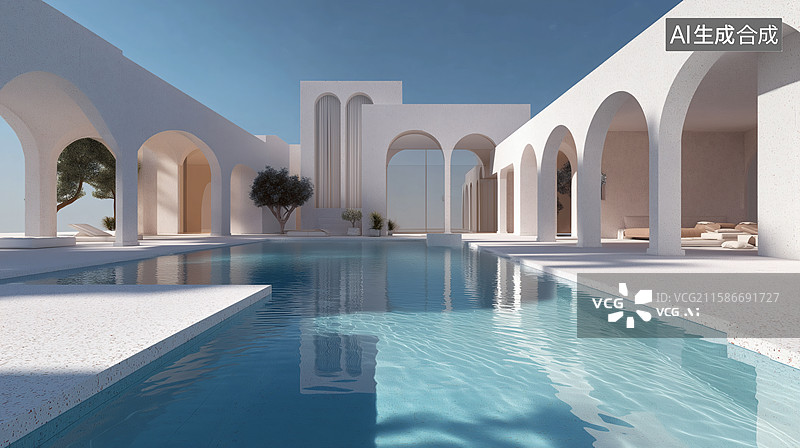 【AI数字艺术】地中海风格建筑与泳池的完美融合图片素材