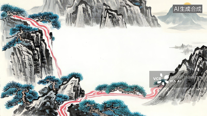 【AI数字艺术】水墨画最大-水墨画背景壁纸2山水画中的蜿蜒河流与松树图片素材