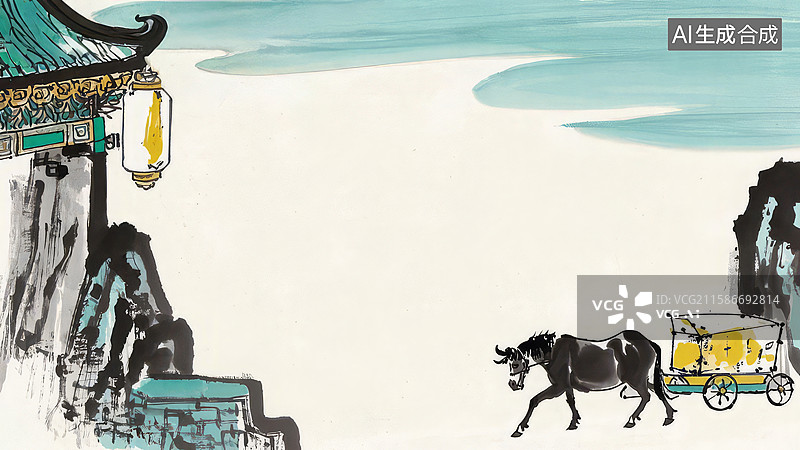 【AI数字艺术】水墨画最大-水墨画背景壁纸2古风建筑旁驴车行进图图片素材