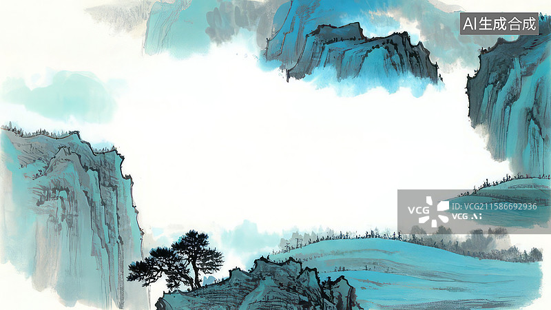 【AI数字艺术】水墨画最大-水墨画背景壁纸2水墨山水画，松树点缀其间图片素材