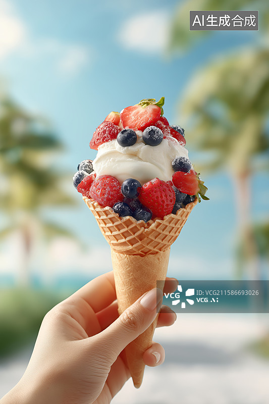【AI数字艺术】海边手拿冰淇淋图片素材